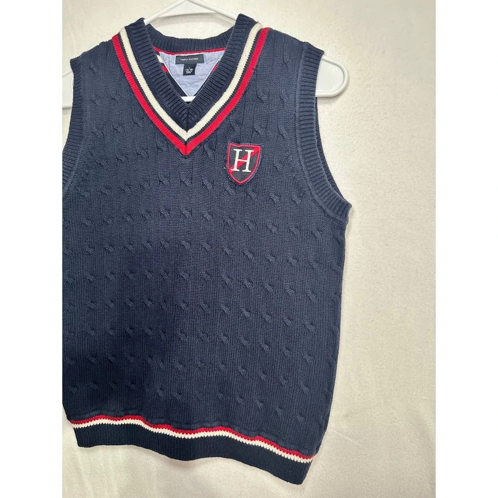 Tommy Hilfiger Boys Navy Cable Knit V-Neck Sweater Vest Striped‎ Trim Sz L 16-18
